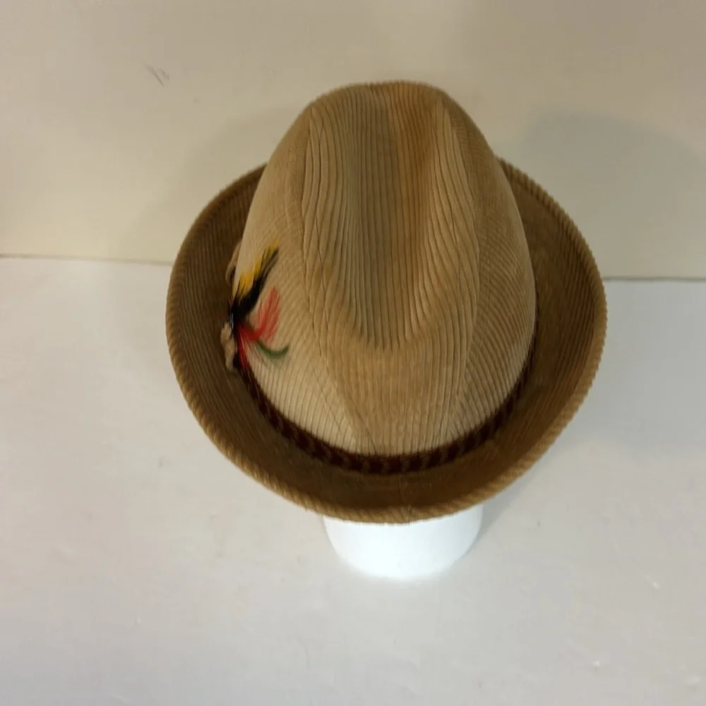 Vintage Tan Corduroy London Fog Feathered Fedora Size 7